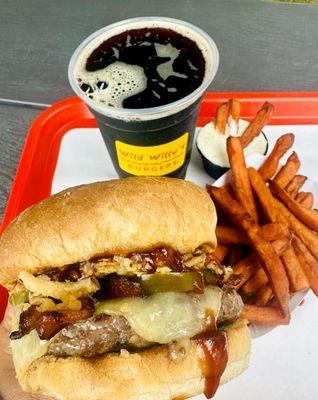 The Bullseye Specialty Burger with Sweet Potato Fries & Eli's Draft Rootbeer