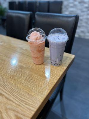 Strawberry slush and taro milk tea