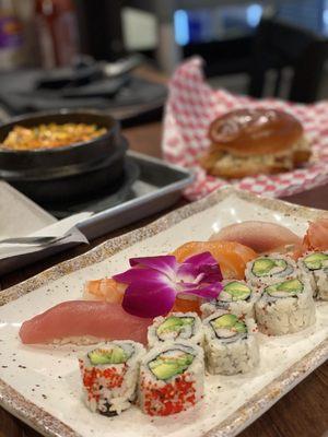 Featured: Japanese sushi rolls & nigiri, spicy seafood tteokbokki, & crispy fried fish filet sandwich.