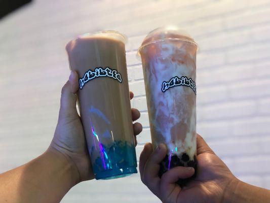 Lavender Milk Tea with Blueberry Hearts & Taro Pudding Red Guava + Honeydew Milk Tea with Honey Boba & Salted Cheese