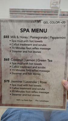 Pedicure spa menu