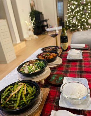 Green beans, Dan Dan noodles, crispy chicken, eggplant and Châteaunuef-du-Pape.  Everything delivered to our home at 10pm and delicious.