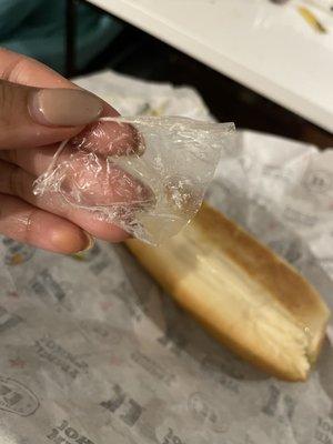 This is a piece of latex glove that I bit into when eating my Jimmy John's sandwich.