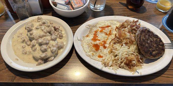 Sausage and eggs, half order of biscuits and gravy. So good