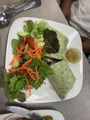 Red pepper humus wrap and salad, with house made dressing