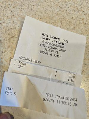 Receipt due BACON EGG AND CHEESE,plus small fries