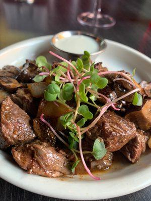 Steak bites with mushrooms.