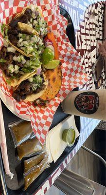 Carne asada tacos, quesataco (3.50) , horchata