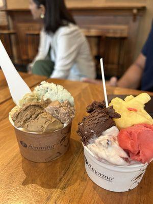 2 Small cups (Right) Amaro cherry, raspberry, passionfruit, chocolate gelato (Left) coffee, mint chip, pistachio, chai gelato