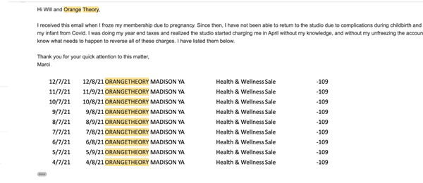 Email showing all of the unauthorized charges.