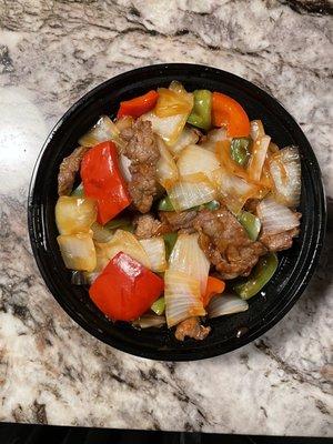 Sizzling Black Pepper Beef (tons of beef hidden under veg)