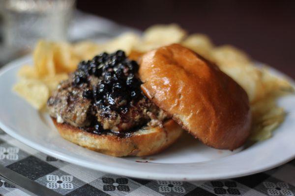 Lamb burger with blueberries and goat cheese