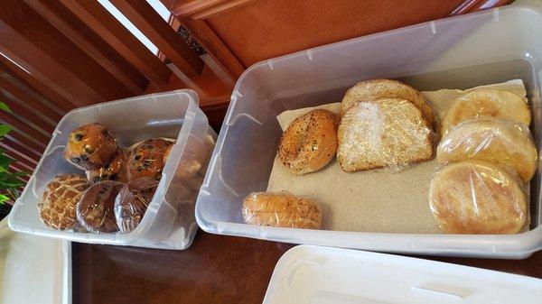 Costco muffins, old bagels, slices of white bread & English muffins.