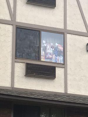 Windows filled with food boxes