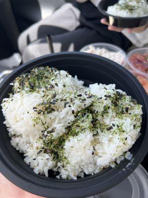 Two scoops of rice with furikake seasoning (huge portions!!)