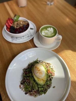 Fruit bowl, matcha and veggie bowl