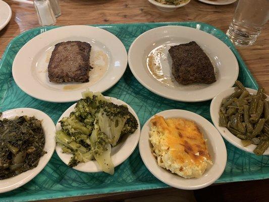 2 Grilled Chopped Sirloin Steaks, collards, broccoli, mac 'n' cheese and green beans. Yum!