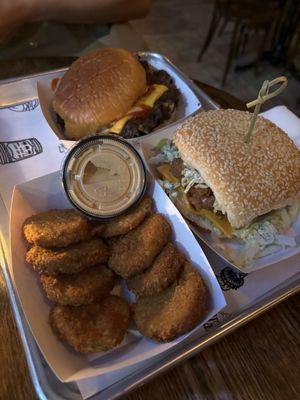 Burger, fish sandwich, fried pickles