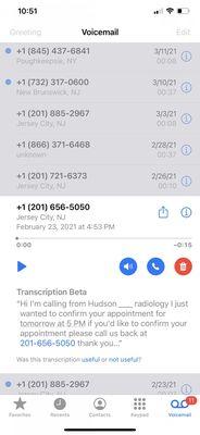Confirmed appointment voicemail the day before my MRI scheduled appointment