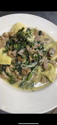 Broccolirabe ravioli with Italian sausage