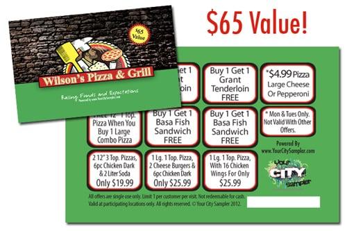 Our Wilson's Pizza & Grille exclusive fundraising discount card is worth $65 in FREE food & dIscounts!