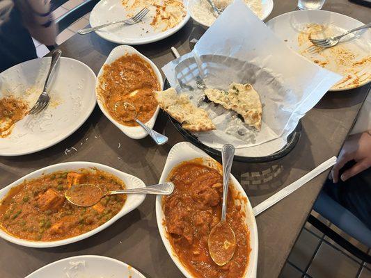 Matar Paneer, Chicken Vindaloo, Chicken Tikka Masala.