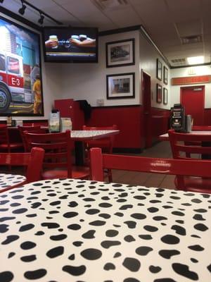 1/28/16. Thursday night. Post gym dinner:The Steamer-to go! Interior. Tables are spotted like a Dalmatian! Get it?