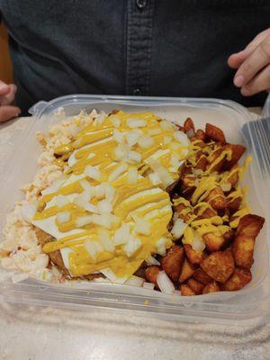 Garbage plate with veggie burgers