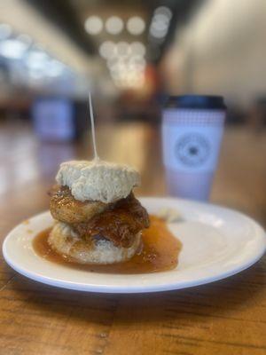 The Squawking Goat- fried goat cheese & fried chicken on a biscuit with hot pepper jelly