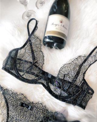 Its always a good time to celebrate yourself with this black and gold eyelash lace bra and panty set. Maybe a little bubbly on the side.