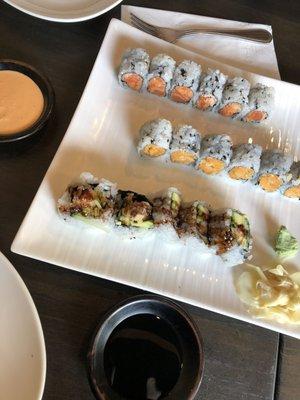 Shrimp tempura, sweet potato, spicy salmon (lunch special)