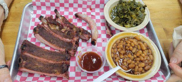 Rib slab platter with collards and baked beans