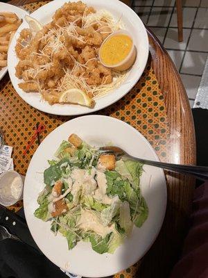 Cesar salad and calamari