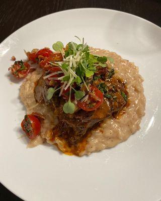 Braised short rib on cauliflower Parmesan risotto