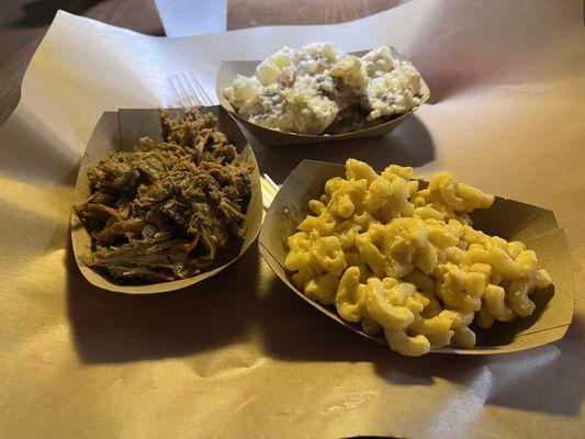 Pulled pork, mac & cheese, potato salad.