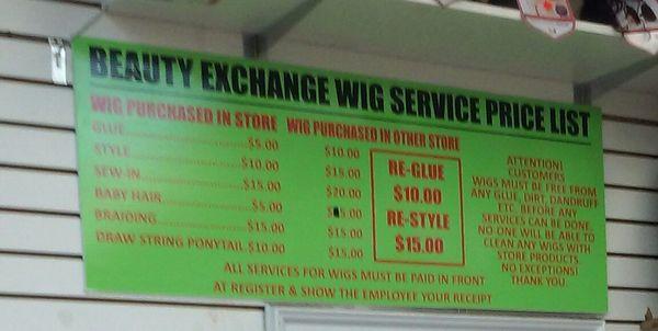 Wig service price list