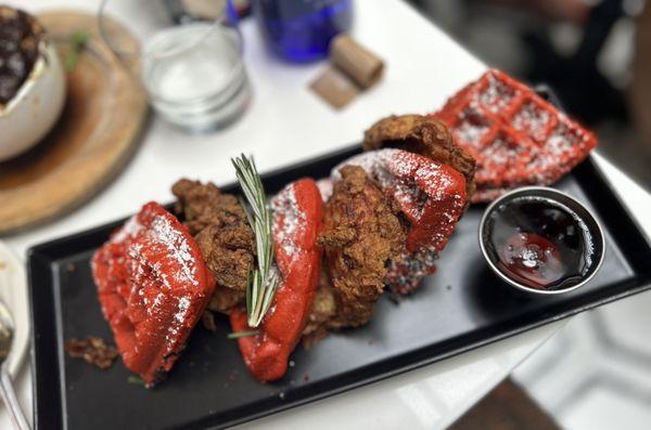 Red velvet chicken and waffles