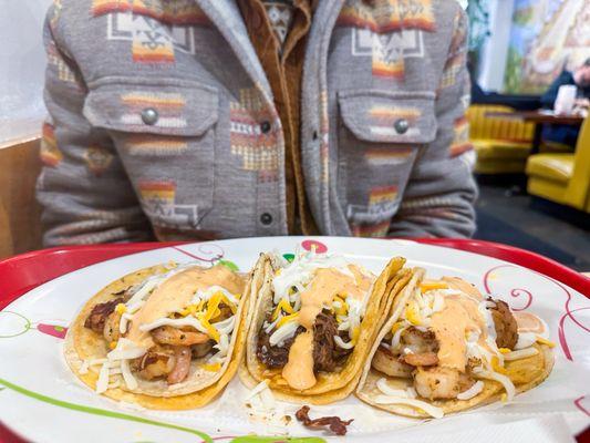 Carne Asada and Shrimp Tacos on corn tortillas