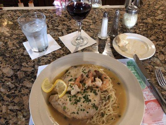 Swordfish with Shrimp piccata over angel hair