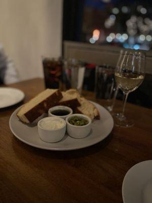 Focaccia with goat cheese, Sicilian olive tapenade, balsamic and olive oil