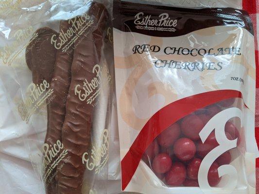 Chocolate covered pretzels and Red Chocolate Cherries