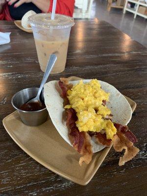 Breakfast tacos and a iced latte with almond milk and sugar free syrup