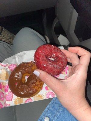 Red velvet and chocolate cake donuts