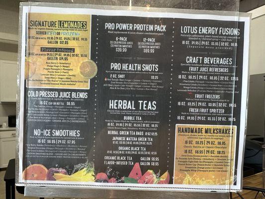 The menu (and they are constantly adding more). Adding fresh pressed wheat grass soon!