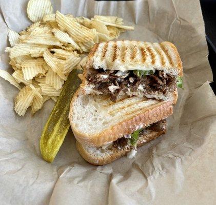 Steak Panini, Chips, with a Dill Pickle!