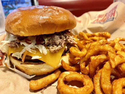 BBQ Brisket Burger with curly fries