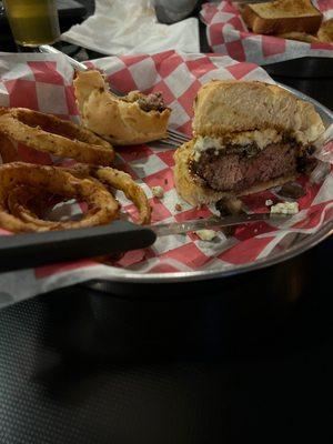 , bourbon hamburger with onion rings.