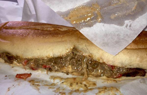 Cheesesteak with Whiz, Onions, and Red Peppers