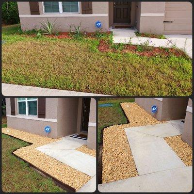 Before with mulch and weeds vs after with river rock.