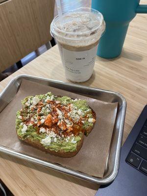 Iced chai latte and avocado toast